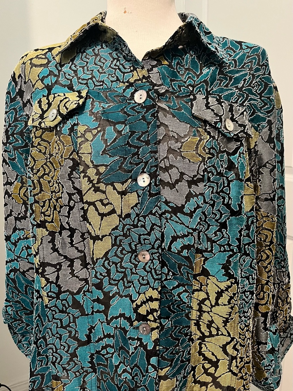 Ruby Rd. Floral Button-Down Shirt in Teal, Olive & Gray - Picture 6 of 7